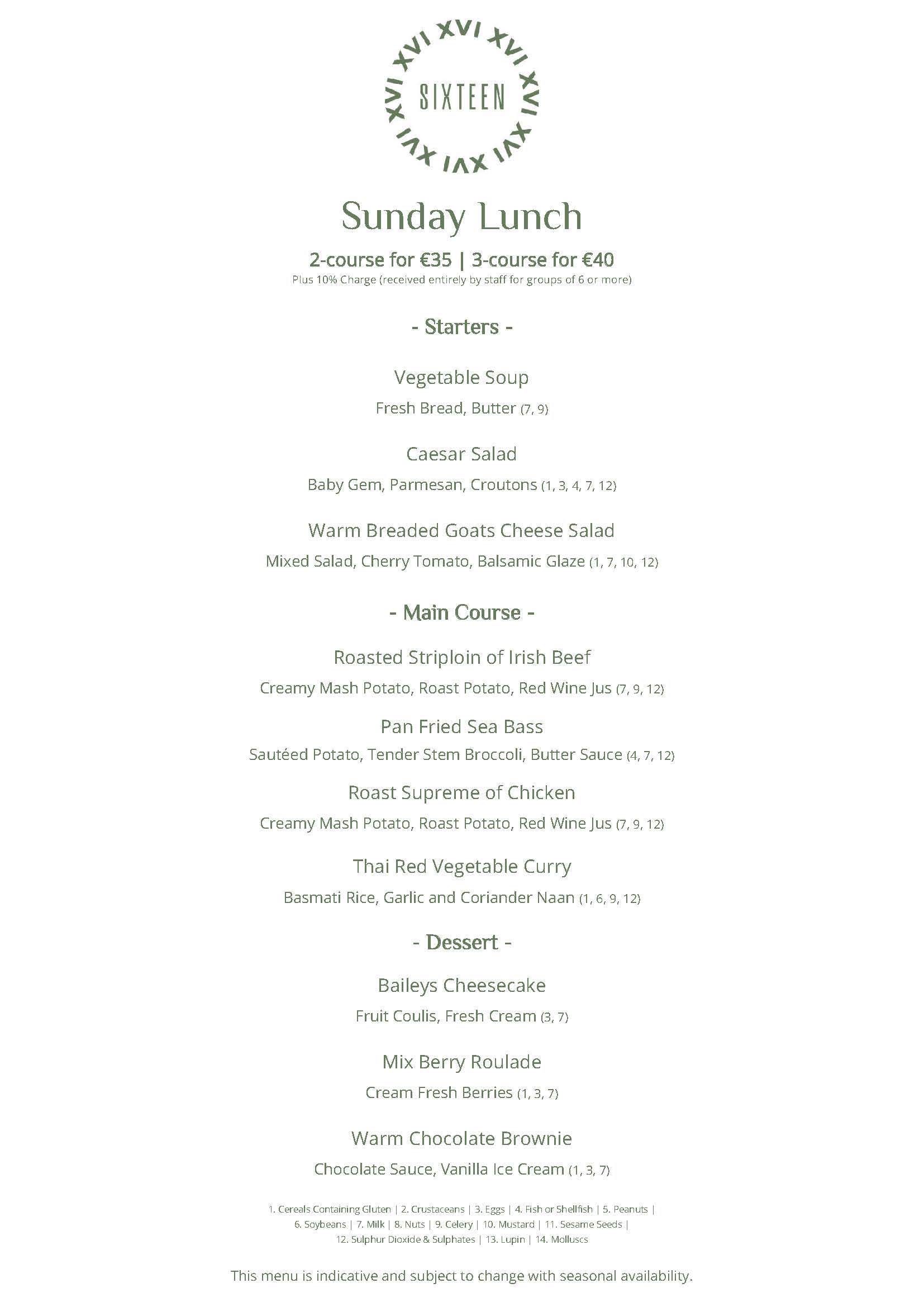 Sunday Lunch Menu